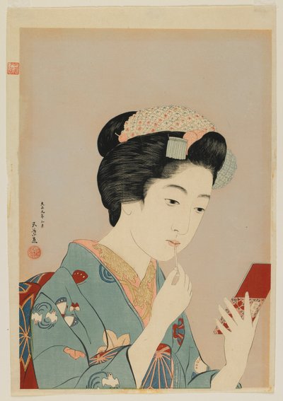 Frau trägt Lippenrouge auf, Taisho-Ära, Februar 1920 (Farbholzschnitt) von Goyo Hashiguchi