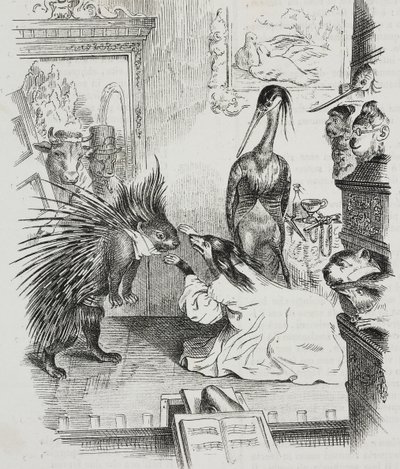 Hund und Stachelschwein, Karikatur von Jean-Jacques Grandville, Lithographie von Giovanni Mariani aus Poliorama Pittoresco, Nr. 38, 30. April von Grandville