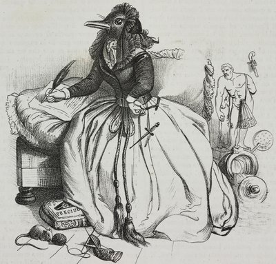 Gelehrte Frau, Karikatur von Jean-Jacques Grandville, Lithographie von Giovanni Mariani aus Poliorama Pittoresco, Nr. 18, 11. Dezember von Grandville