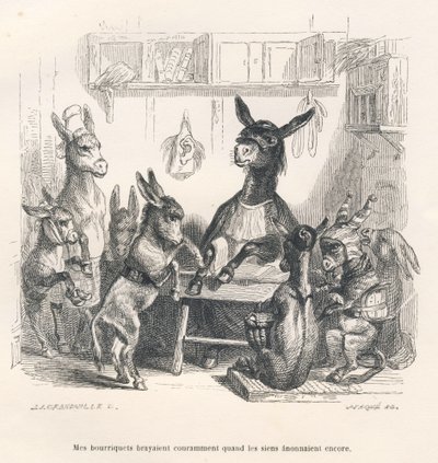 Esel in der Schule. Vignetten illustriert von JJ Granville. Gravur signiert Caque in dem Teil "Eselführer für Tiere, die zu Ehren gelangen wollen" geschrieben von Honore De Balzac in "Szenen aus dem privaten und öffentlichen Leben der Tiere". Paris von Grandville