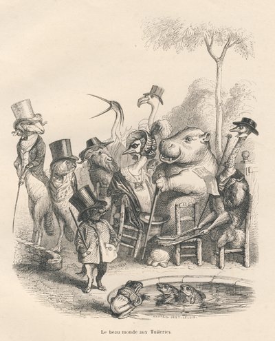 Tiere in eleganter Kleidung spazieren in den Tuilerien. Illustrierte Vignetten von JJ Granville. Gravur signiert Andrew, Best und Leloir im Teil "Geschichte eines Hasen" geschrieben von PJ Stahl in "Szenen aus dem privaten und öffentlichen Leben der Tiere" von Grandville