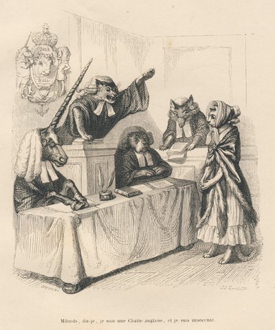 Katze verteidigt sich vor einem Gericht, das aus einem Einhorn, einer Katze, einem Hund und einem Wolf besteht. Vignetten illustriert von JJ Granville. Gravur signiert von Breviere im Teil "Gerichtsstrafen einer englischen Katze" geschrieben von Honoré de  von Grandville