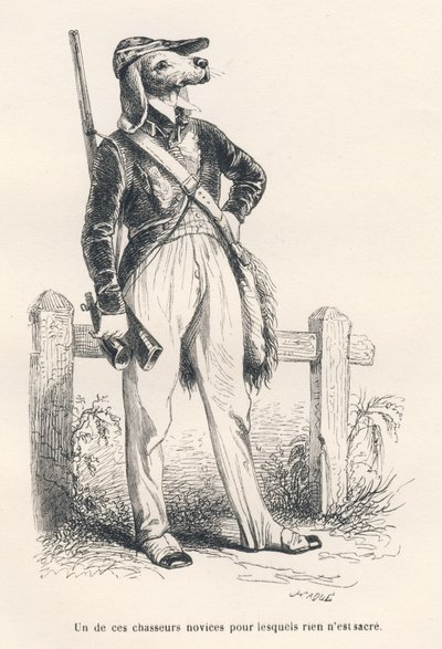 Hund in Jagdkleidung. Vignetten illustriert von JJ Granville. Gravur signiert Caque im Teil "Erinnerungen einer alten Krähe" geschrieben von PJ Stahl in "Szenen aus dem privaten und öffentlichen Leben der Tiere". Paris, J. Hetzel und Paulin von Grandville