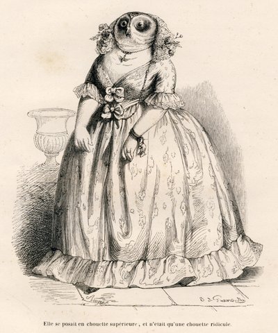 Eule, die sich überlegen fühlt, aber nur lächerlich ist. Vignetten illustriert von JJ Granville. Gravur signiert Rouget im Teil "Erinnerungen einer alten Krähe" geschrieben von PJ Stahl in "Szenen aus dem privaten und öffentlichen Leben der Tiere" von Grandville