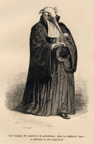 Storch als Richter. Gravur signiert Caque in "Cour criminelle de justice animale" von Emile de La Bedolliere in "Scenes de la vie privee et publique des animaux". Paris, J. Hetzel et Paulin von Grandville