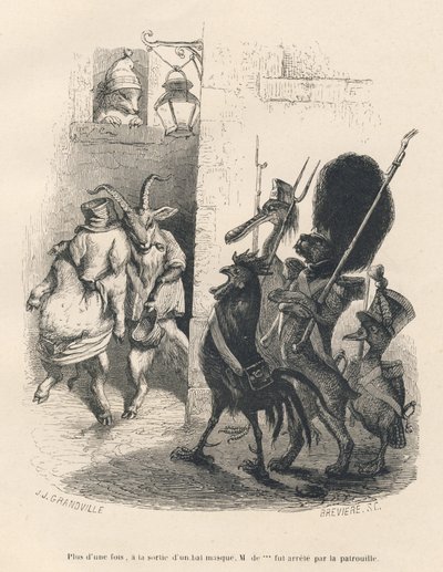 Betrunkene Schwein und Ziege treffen auf eine Patrouille bestehend aus einem Hund, einem Hahn, einer Ente und einem Pelikan. Vignetten illustriert von JJ Granville. Gravur signiert Breviere in dem Teil "Erinnerungen eines Krokodils" geschrieben von Emile d von Grandville
