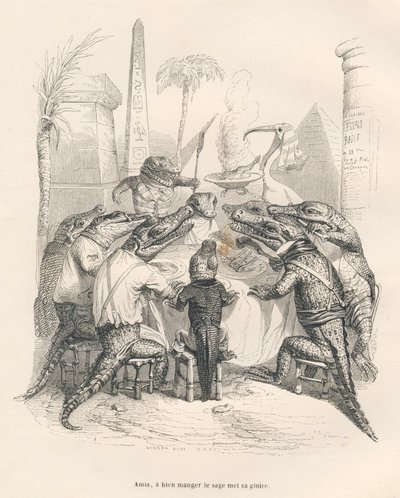Krokodile um einen Tisch in Ägypten. Gravur signiert Andrew, Best und Leloir in "Memoires d