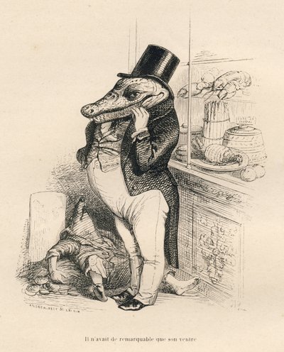 Krokodil gekleidet wie ein Dandy mit dickem Bauch. Vignetten illustriert von JJ Granville. Gravur signiert Breviere in dem Teil "Erinnerungen eines Krokodils" geschrieben von Emile de La Bedolliere in "Szenen aus dem privaten und öffentlichen Leben der Tie von Grandville
