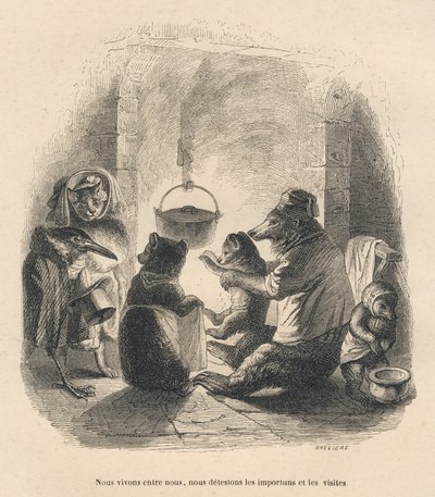 Zwei Besucher stören die Bärenfamilie, die vor dem Kamin sitzt, an dem ein Topf hängt. Vignetten illustriert von JJ Granville. Gravur signiert Breviere in dem Teil "Der Bär oder Brief" von Grandville