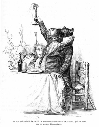 Grandville-Gravur, aus dem Buch „Privates und öffentliches Leben der Tiere“ (Les animaux peints par eux-mêmes), Ausgabe Hetzel 1867 - Nilpferd an einem Tisch bei einem Bankett, das sein Glas erhebt und einen Toast ausbringt. Legende: Geschlecht, das das Le von Grandville (1803 47)