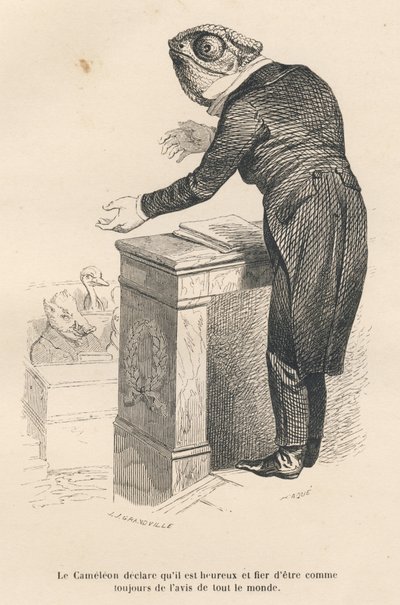 Das Chamäleon erklärt, dass es glücklich und stolz ist, immer der Meinung aller zu sein. Vignetten illustriert von JJ Granville. Gravur signiert von Caque im Prolog "Parlamentarische Zusammenfassung" geschrieben von PJ Stahl in "Szenen aus dem privaten und von Grandville