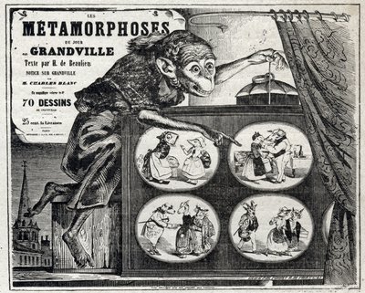 Literatur. Die tägliche Metamorphose, vom Karikaturisten Jean Jacques Grandville. Plakat, Frankreich von Grandville