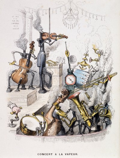 Musiker verwandelt in Maschinen und geben ein „Dampfkonzert“ - in „Eine andere Welt“ von Grandville, Ende des 19. Jahrhunderts von Grandville