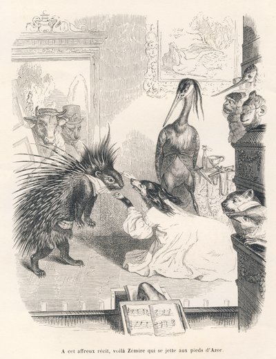 Oper mit einem Stachelschwein, einem Hund und einem Reiher auf der Bühne. Illustrierte Vignetten von JJ Granville. Gravur signiert Godard im Teil "Das erste Feuilleton von Pistolet" geschrieben von Jules Janin in "Szenen aus dem privaten und öffentlichen L von Grandville