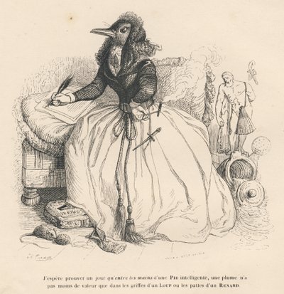 Elster schreibt mit einer Feder und hält eine Zigarette in der anderen Hand. Illustrierte Vignetten von JJ Granville. Gravur signiert Andrew, Best und Leloir im Teil "Geschichte eines Hasen" geschrieben von PJ Stahl in "Szenen aus dem privaten und öffentli von Grandville