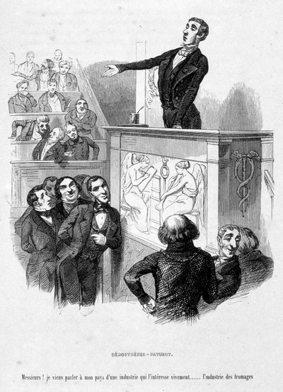 Die Figur des Jérôme Paturot hält sich für Demosthenes, einen athenischen Redner und Politiker, dessen Reden an der Spitze der griechischen Eloquenz stehen. Karikatur in „Jérôme Paturot auf der Suche nach einer sozialen Position“ von Louis Reybaud von Grandville