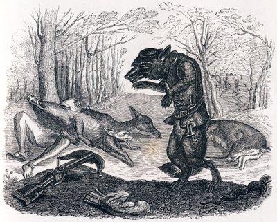 Der Wolf und der Jäger - Fabeln von La Fontaine von Grandville