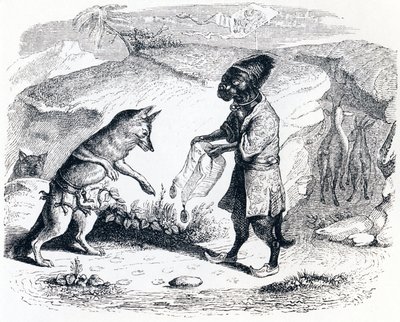 Der kranke Löwe und der Fuchs - Fabeln von La Fontaine von Grandville
