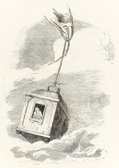 Gulliver entkommt Brobdingnag, als seine Kiste von einem Adler ergriffen und ins Meer fallen gelassen wird, aus Gullivers Reisen von Jonathan Swift von Grandville