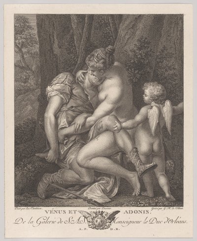 Venus trauert um Adonis, sitzt unter einem Baum und umarmt ihn, mit Amor rechts, ca. 1786 von Gérard René Le Vilain