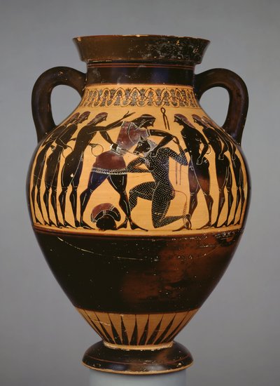 Attische schwarzfigurige Amphore mit Theseus und dem Minotaurus, beobachtet von sechs Jugendlichen von Greek
