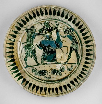 Attische schwarzfigurige Platte mit einer Szene von Herakles und Apollo, die um ein Reh kämpfen und von Artemis getrennt werden, im Stil von Lydos, aus Griechenland, ca. 560 v. Chr. von Greek