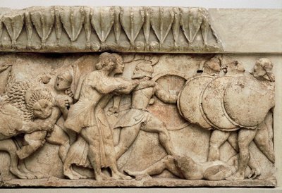 Gigantomachie: Kybelés Löwe verschlingt einen Riesen, während Apollo und Artemis gegen die Riesen kämpfen, 525 v. Chr. von Greek