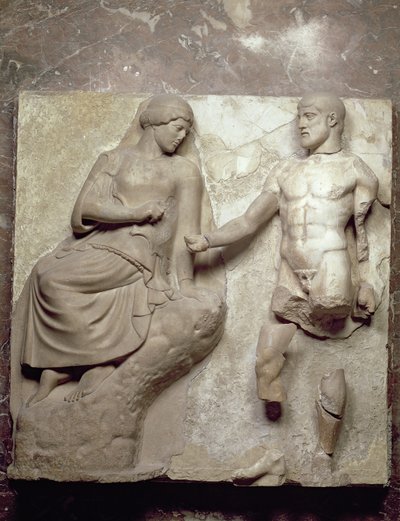 Herkules und Minerva, eine von einer Serie von Metopen, die die Arbeiten des Herkules aus dem Tempel des Zeus in Olympia darstellen, Frühklassische Periode, um 470-457 v. Chr. (Parischer Marmor) von Greek