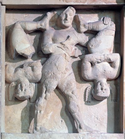 Magna Graecia: Metope mit Herakles und den Kerkopen, Steinrelief, 575-550 v. Chr. von Greek