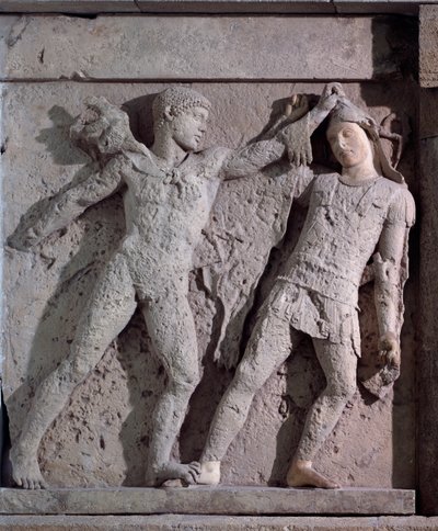 Magna Graecia: Metope mit Herakles und Amazone, Steinrelief, 5. Jahrhundert v. Chr. von Greek