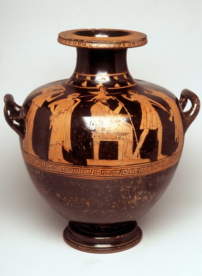 Malerei auf Vase: Darstellung von Jupiter (Zeus) in der Mitte. Über ihrem Kopf erscheint Athena, vollständig bewaffnet (Geburt der Athena). Gegenüber von Zeus steht Hephaistos. 470 v. Chr. BNF, Münzkabinett. von Greek