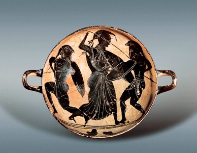 Trojanischer Krieg: Göttin Athena kämpft zwischen Hector und Achilles. 6. Jahrhundert v. Chr. Kylix (Trinkschale) mit schwarzen Figuren in Keramik, Archäologisches Museum von Katalonien, Barcelona. von Greek