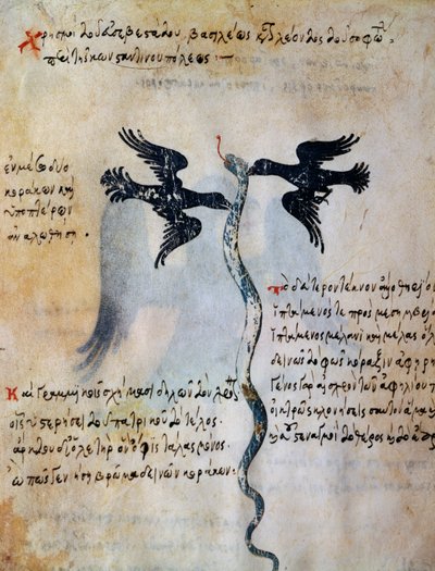 Darstellung von Konstantinopel zwischen zwei Raben, Miniatur aus dem Orakel von Leo VI. dem Weisen von Greek School