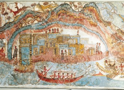 Fresko einer Schiffsprozession aus Akrotiri, Thera-Insel, Santorini, Griechenland (Detail) von Greek School