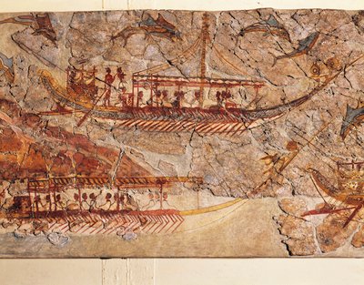 Fresko, das eine Schiffsprozession darstellt, aus Akrotiri, Thera-Insel, Santorini, Griechenland (Detail) von Greek School