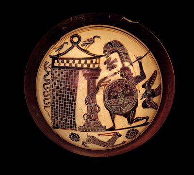 Griechische Kunst: Lakonische Schale mit schwarzen Figuren, die Cadmos im Kampf gegen den Drachen von Theben oder Apollo und die Schlange Python darstellen von Greek School