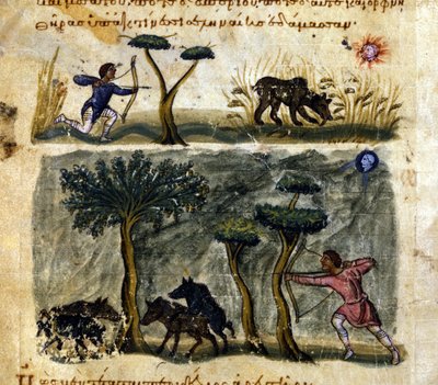 Wildschweinjagd nach dem griechischen Manuskript von Oppianus De Venatione. 13. Jahrhundert von Greek School