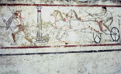 Lukanisches Fresko-Grabmal, das einen Gladiator und einen Mann auf einem Streitwagen darstellt, Paestum 350-330 v. Chr. von Greek School