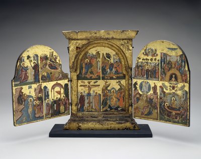 Auferweckung des Lazarus; Einzug in Jerusalem; Kreuzigung; Abstieg Christi in die Hölle (Mittelteil), zweite Hälfte des 16. Jahrhunderts von Greek School