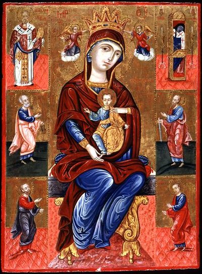 Jungfrau von Skopiotisa auf dem Thron mit Christus und sechs Heiligen von Greek School