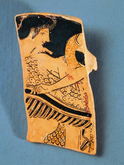 Fragment einer attischen Platte, die Apollo zeigt, wie er auf einem Schwan ins Land der Hyperboreer fliegt, von Maler Euphronios, rotfigurige Keramik von Greek School