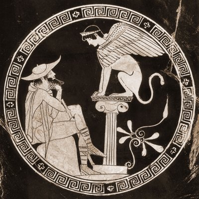 Ödipus beantwortet die Fragen der Sphinx in Theben, 5. Jahrhundert v. Chr. von Greek School