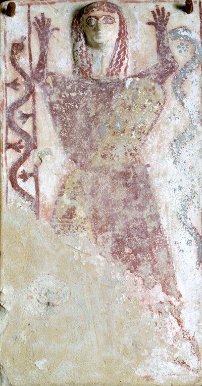 Polychrome Malerei auf Pinax und Relief, das eine weibliche Gottheit mit Schlange darstellt, aus der Agora von Athen, Griechenland, griechische Zivilisation, 7. Jahrhundert v. Chr. von Greek School