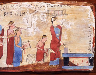 Szene mit Opfer, bemalte Tafel aus Pitsa, Griechenland, griechische Zivilisation, 6. Jahrhundert v. Chr. von Greek School