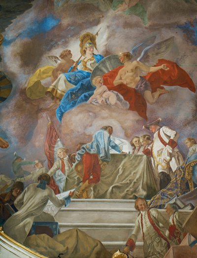 Ein Genius empfiehlt eine Gruppe österreichischer Generäle der Minerva, Göttin der Militärwissenschaft von Gregorio Guglielmi