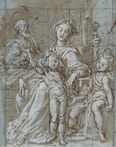 Heilige Familie mit dem kleinen Johannes dem Täufer recto, großformatige beschnittene Skizzen..., 1590-92 von Gregorio Pagani