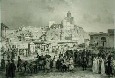 Der Basar auf dem Maidan-Platz, Tiflis, Georgien, Tafel 25 aus einem Buch über den Kaukasus, graviert von Adolphe Jean-Baptiste Bayot (1810-66) und Eugene Ciceri (1813-90), veröffentlicht von Alfred Leon Lemercier, Paris von Grigori Grigorevich (after) Gagarin