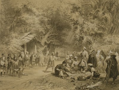 Ende der Jagd, Mingrelien, Tafel 6 aus einem Buch über den Kaukasus, graviert von Adolphe Mouilleron, veröffentlicht von Alfred Leon Lemercier, Paris, 1847 von Grigori Grigorevich Gagarin