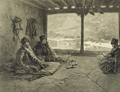 Scharia-Vorlesung in Khosrakh, Dagestan, Tafel 50 aus einem Buch über den Kaukasus, graviert von Adolphe Mouilleron (1820-81), veröffentlicht von Alfred Leon Lemercier, Paris, 1847 von Grigori Grigorevich Gagarin