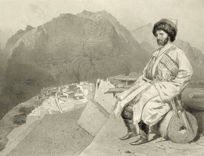 Ansicht von Ghimri und Porträt von Hadji-Mourad, Tafel 66 aus einem Buch über den Kaukasus, graviert von Jules Joseph Augustin Laurens und Eugene Ciceri, von Adolphe Mouilleron von Grigori Grigorevich Gagarin